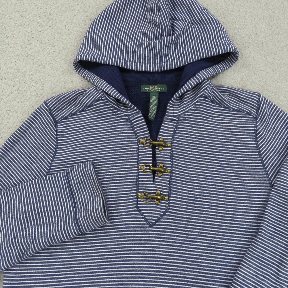 Lauren Ralph Lauren Hoodie Women Large Blue Striped Lobster Clasp Pullover